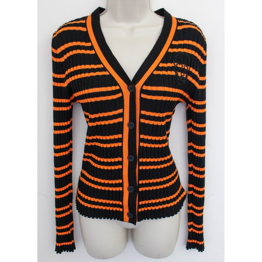 Social Collision Cardigan Medium Black Orange Striped Ribbed Skull Halloween